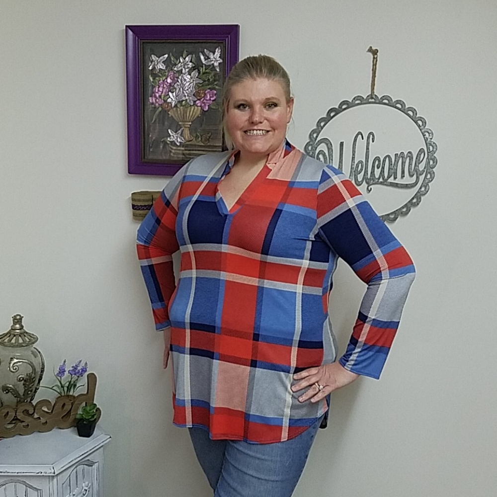 Red white blue Plaid Vneck Stretchy Tunic top shirt 1x 2x 3 16 18 20 22 24